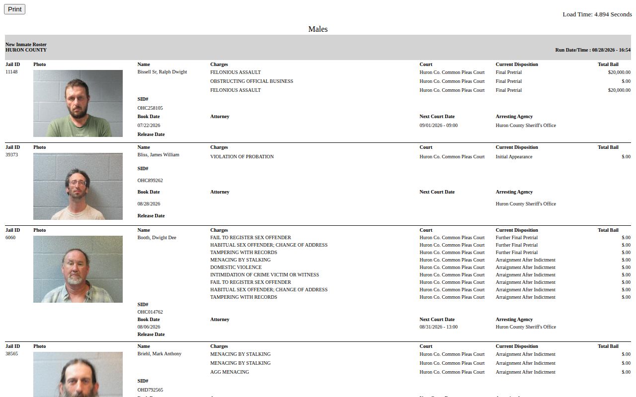 Huron County Jail official live roster booking record interface